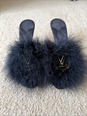 Louis Vuitton Black Feather Slide Sandals with Gold Accent
